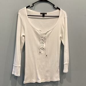 Ralph Lauren Womens Lace Up Shirt Size Large Thermal Ribbed Y2K White Western